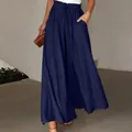 Women's high-waisted wide-leg palazzo pants with elastic drawstring waist in navy blue - S / Bottoms / Navy Blue