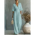Elegant light blue V-neck wide-leg jumpsuit with a stylish high-waisted pleated design - S / Top And Bottom / Teal