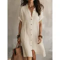 Elegant beige button-down midi shirt dress with short sleeves for women - S / Dresses / Off White