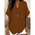 Casual V-neck short sleeve brown blouse for women with a comfortable loose fit style - S / Tops / Caramel Brown
