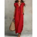 Bohemian style bright red maxi dress featuring flutter sleeves and elegant ruffle V-neckline - S / Dresses / Red