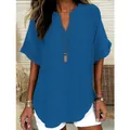 Elegant royal blue V-neck short sleeve blouse for women in trendy casual style - S / Tops / Blue
