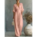 Elegant pink V-neck jumpsuit with cinched waist and wide leg design for chic women - S / Dresses / Pink