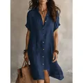 Classic navy blue short sleeve button down midi shirt dress for casual summer outings - S / Dresses / Navy Blue
