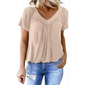 T-shirt décontracté à col en V, manches raglan et plis en beige pour femmes style quotidien - Blanc Cassé