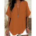 Casual women's V-neck short sleeve t-shirt in vibrant orange with curved hem design - S / Tops / Caramel color