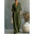 Elegant dark green V-neck jumpsuit with high waist tie and loose wide-leg style - S / Jumpsuits / Army Green