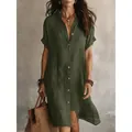 Women's casual olive green linen-style short sleeve button down midi shirt dress for summer - S / Dresses / Army Green