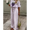 Pantaloni lunghi dritti casual da donna a righe verticali bianche e viola alla moda - Viola chiaro