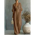 Elegant brown V-neck high-waist wide-leg jumpsuit for women with tie belt outfit. - S / Jumpsuits / Dark Brown
