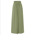 Comfortable high-waist wide-leg olive green trousers with an elastic drawstring waistband. - S / Bottoms / Linen Green