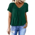T-shirt décontracté vert foncé pour femmes avec col en V, plis et manches raglan - Vert Foncé