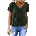 T-shirt décontracté col en V vert foncé avec manches raglan plissées pour le quotidien femme - Vert olive