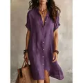 Elegantes lila Kurzarm-Hemdkleid mit durchgehender Knopfleiste und Leinentextur - S / Kleider / Lila