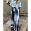 Pantaloni casual a gamba larga a righe verticali blu e bianche con una comoda coulisse - Blu navy