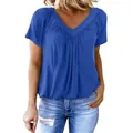 T-shirt bleu décontracté à col en V et manches courtes plissé pour femme au quotidien - Bleu