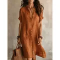 Elegantes rostbraunes Midi-Hemdkleid mit kurzen Ärmeln und Knöpfen für den Sommerlook - S / Kleider / Karamellbraun