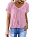T-shirt élégant pour femme rose avec col en V, plis et manches raglan pour le quotidien - Pêche