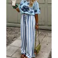 Pantaloni casual a vita alta a gamba larga da donna a righe verticali bianche - Azzurro