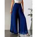 Élégant pantalon large en mousseline bleu marine avec taille haute et coupe décontractée - Bleu