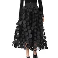 Detailed view of black high-waisted mesh A-line skirt with 3D floral petals - One Size / Bottoms / Black