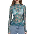 High-quality detail view of a trendy floral sheer mesh lace long sleeve top for women - S / Tops / Lake Blue