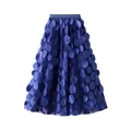 Detailed view of deep blue mesh A-line skirt with 3D circular disc floral appliqués. - One Size / Bottoms / Blue