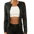 Nahaufnahme der schwarzen Paillettenjacke für Damen zeigt Textur und die Passform - S / Oberteile / Schwarz