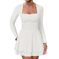 White long sleeve mini dress with square neckline and layered ruched skirt detail - S / Dresses / White