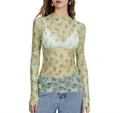 Detailed view of women's sheer floral lace mesh top with long sleeves and high neck - S / Tops / Green