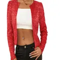 Nahaufnahme der lebendigen roten Pailletten auf dieser eleganten kurzen Blazerjacke - Rot