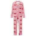 Vista detallada de un conjunto de pijama de rayas rojas con elegante estampado de lazos - Adulto S / Top Y Pantalón / Estampado de lazo a rayas rojas y blancas