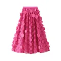 Detailed view of magenta A-line mesh skirt with intricate 3D floral circle appliqués - One Size / Bottoms / Rose Red