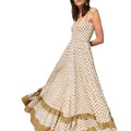 Detail view of the checkered maxi dress showing the large swing skirt and ruffled hem - S / Apricot