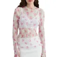 Close-up detail of white floral sheer lace mesh long sleeve top for women fashion - Light Purple