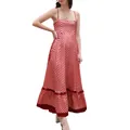 Elegant red and white checkered maxi dress with spaghetti straps and ruffled hem detail - S / Red
