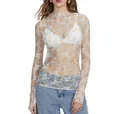 Elegant floral print sheer mesh lace top for women featuring stylish long sleeves - White