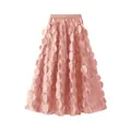 Detail showing the intricate 3D floral appliqués on this elegant pink mesh A-line skirt - One Size / Bottoms / Pink