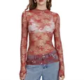 Close-up view of red sheer lace top with intricate floral mesh embroidery details - S / Tops / Red