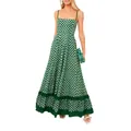Detailed view of green and white checkered maxi dress with ruffled hem and slim fit. - S / Green