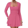 Close-up detail of square neck and ruched waist on a pink long sleeve mini dress - S / Dresses / Pink
