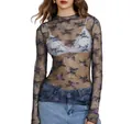 Elegant sheer mesh long sleeve top featuring intricate purple floral lace patterns for women - Black