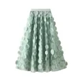 Detail showing 3D circular floral embellishments on a mint green mesh A-line skirt - One Size / Bottoms / Green