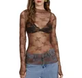 Sexy brown sheer floral lace long sleeve mesh top for women 2024 trendy summer style - Tan