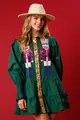 Festive green Christmas dress with sequin nutcrackers and a tiered ruffle hem detail. - S / Dresses / Dark Green