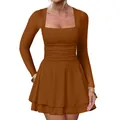 Detailed view of a brown square-neck dress featuring a pleated waist and tiered mini skirt. - S / Dresses / Tan