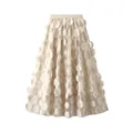 Exquisite detailed view of cream 3D floral appliqué mesh A-line midi skirt for women - One Size / Bottoms / Beige