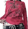 Camiseta vintage roja de manga larga con alas de pedrería Y2K para mujer retro - M / Tops / Rojo