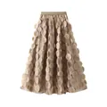 Elegant detailed view of 3D floral appliques on a beige mesh A-line midi skirt fabric. - One Size / Bottoms / Khaki