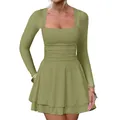 Detailed view of sage green square neck dress with pleated waist and layered skirt - Green